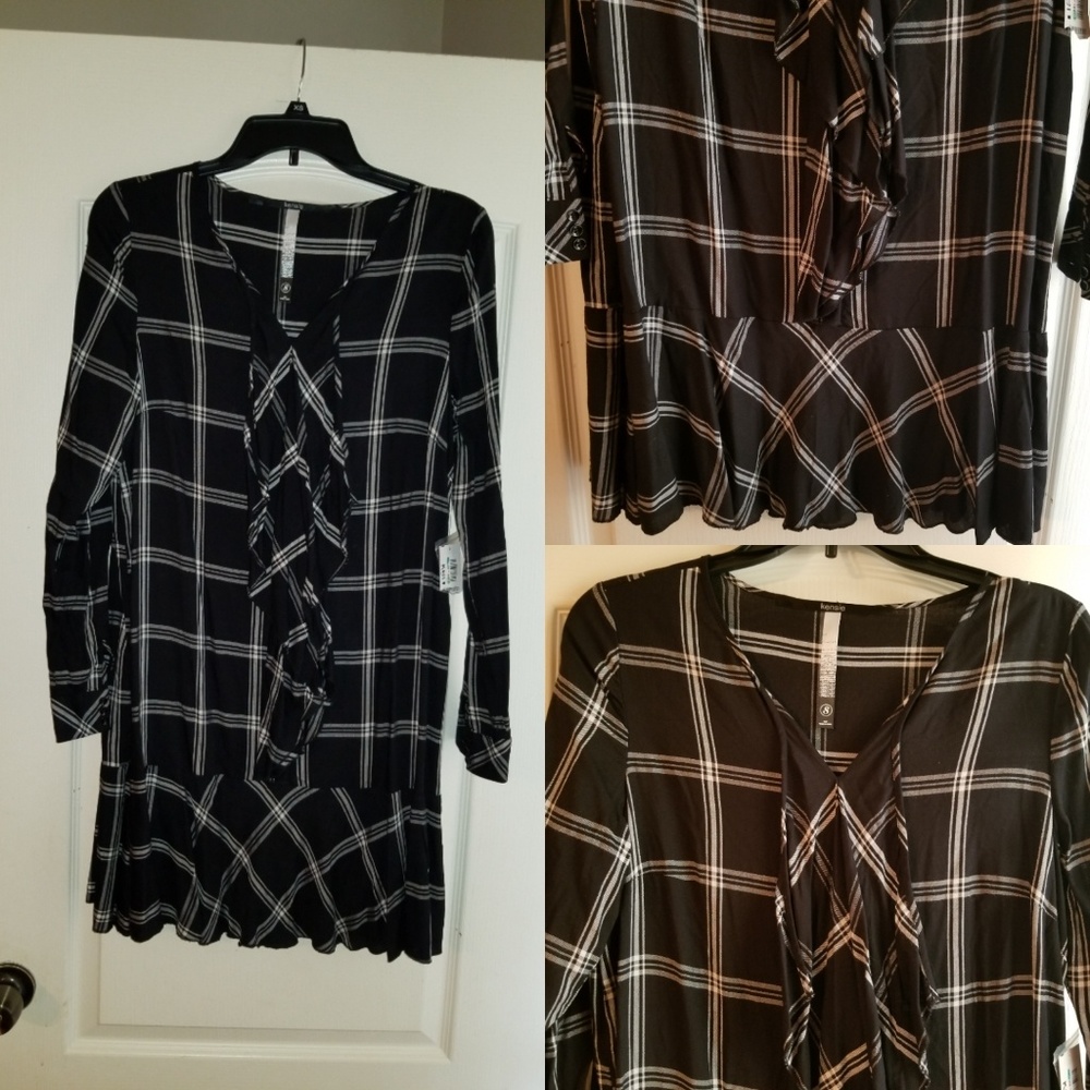 Kensie Black and white ruffle plaid dress Small